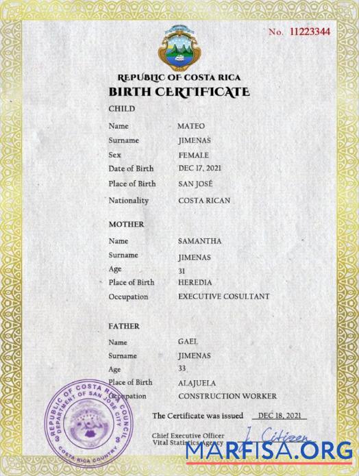Printable Costa Rica birth certificate PSD template